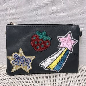 Black Clutch with sequin strawberry star patches Faux Leather zipper closure
